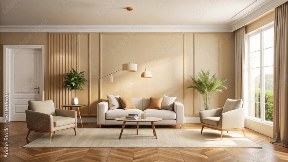 Fototapeta premium Serene Living Room Design with Neutral Tones and Natural Light