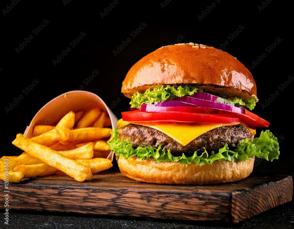 Craft burger with fries studio shot gourmet fast food