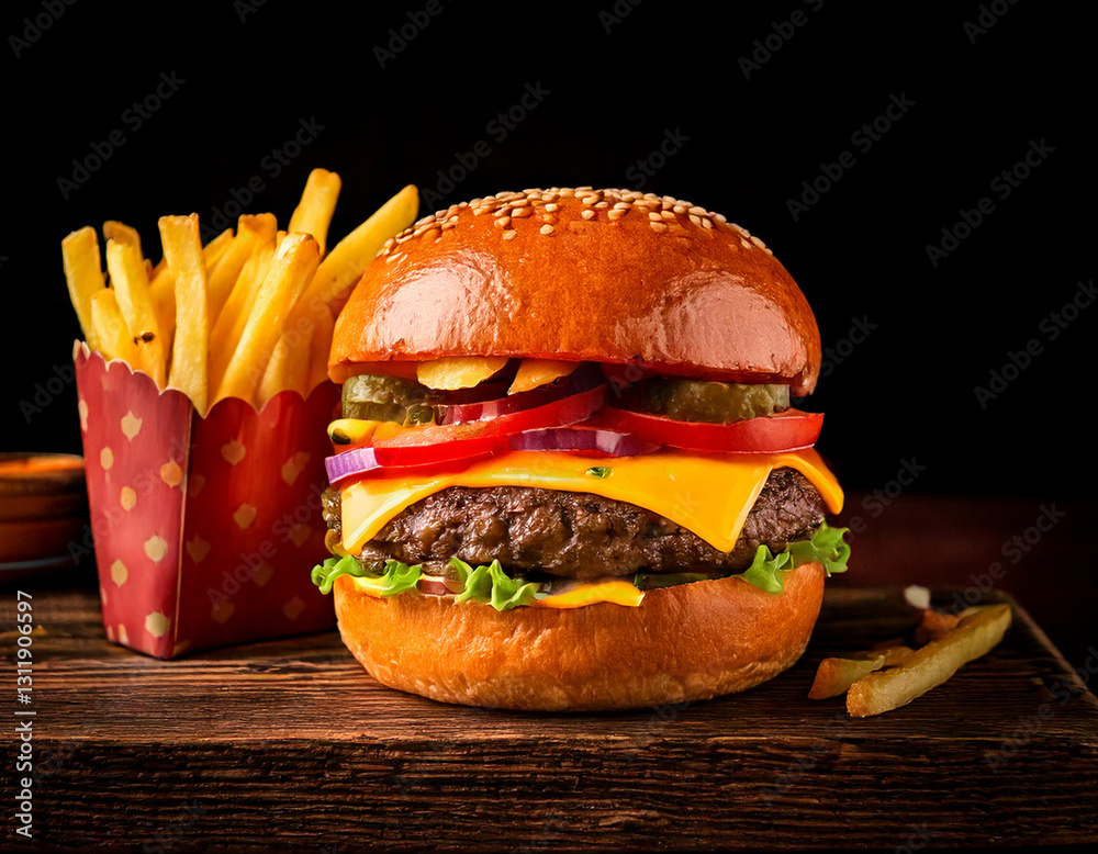 Craft burger with fries studio shot gourmet fast food