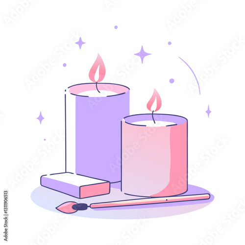 Pastel illustration of two lit candles with soft glowing flames, accompanied by a matchstick, symbolizing relaxation, warmth, and a cozy ambiance.