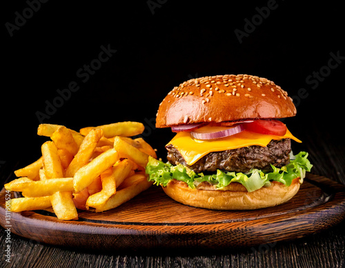 Obraz na płótnie Craft burger with fries studio shot gourmet fast food w salonie