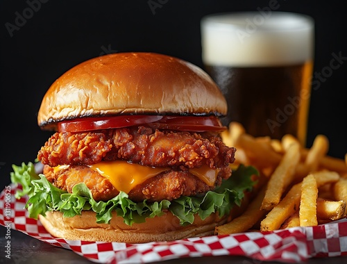 Crispy fried chicken burger with cheese and fries in a pub setting : Generative AI