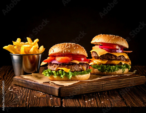 Obraz na płótnie Craft burger with fries studio shot gourmet fast food w salonie