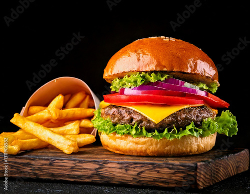 Obraz na płótnie Craft burger with fries studio shot gourmet fast food w salonie