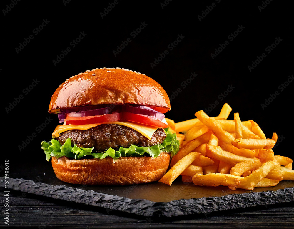 Craft burger with fries studio shot gourmet fast food