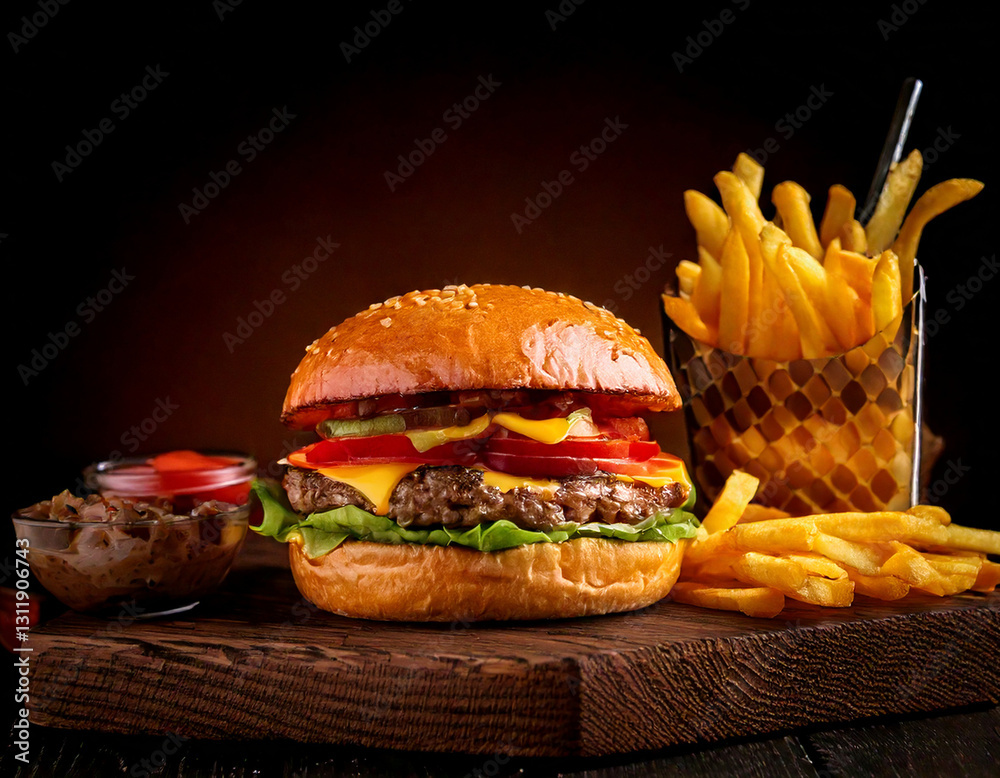 Craft burger with fries studio shot gourmet fast food