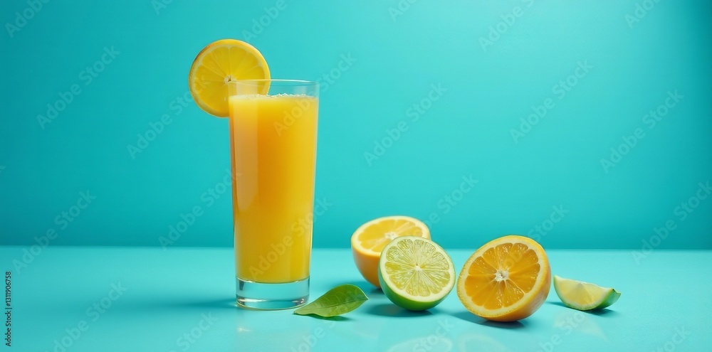 Fresh orange juice in a glass on a vibrant blue background, drink, healthy Fresh orange juice in a glass on a vibrant blue background, drink, healthy