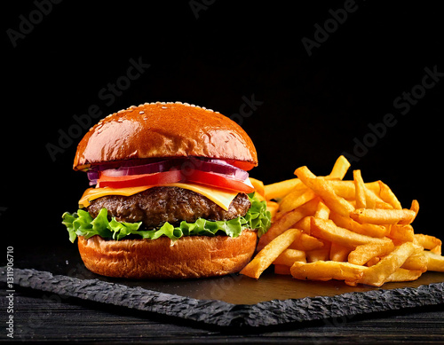 Obraz na płótnie Craft burger with fries studio shot gourmet fast food w salonie