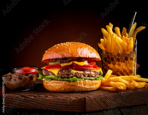 Craft burger with fries studio shot gourmet fast food