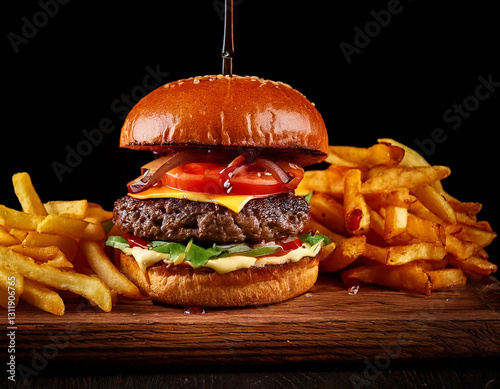 Obraz na płótnie Craft burger with fries studio shot gourmet fast food w salonie