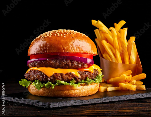 Obraz na płótnie Craft burger with fries studio shot gourmet fast food w salonie