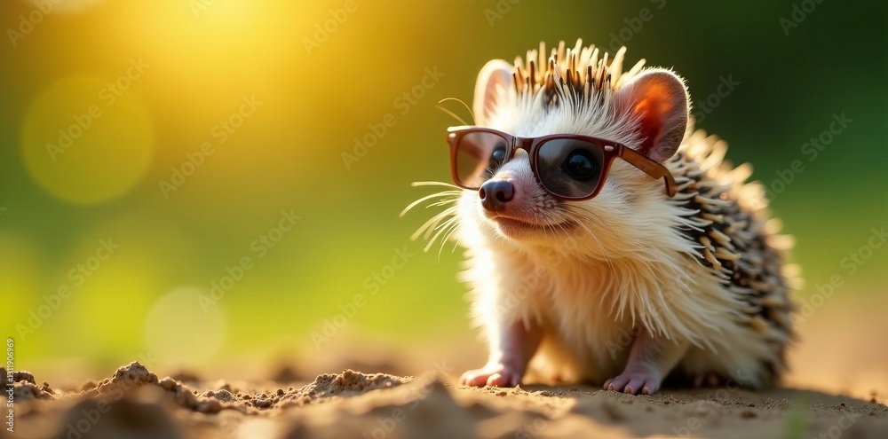 Funny little hedgehog with tiny sunglasses enjoying the sun, exotic, nature