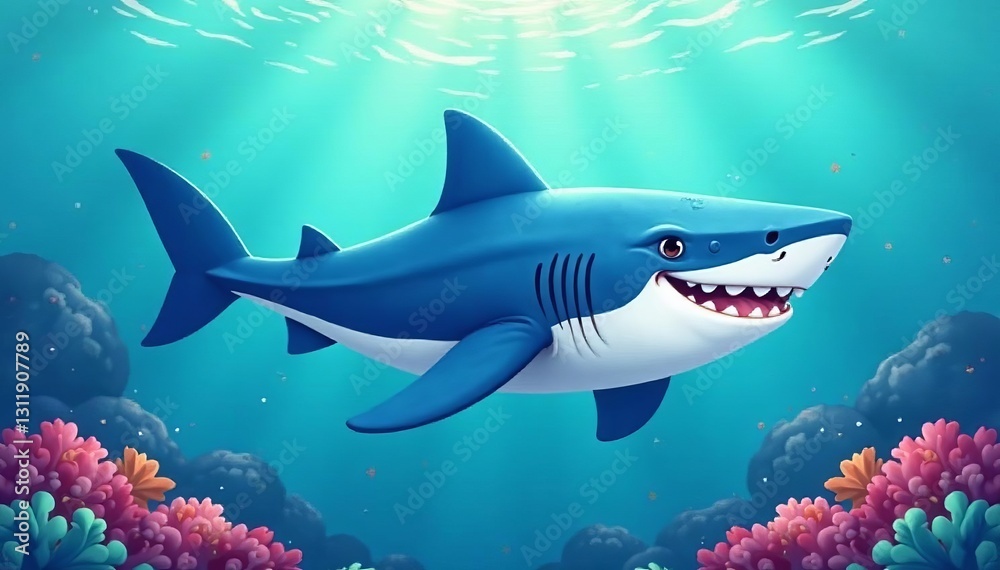 Obraz premium Illustration of a cute, smiling whale shark swimming in the ocean, whale shark, illustration