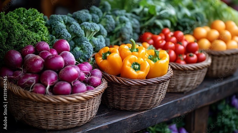 Vibrant fresh vegetables displayed in rustic baskets on a wooden surface under warm soft lighting Vibrant fresh vegetables displayed in rustic baskets on a wooden surface under warm soft lighting