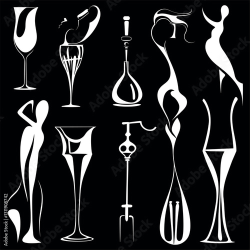 The line art of Silhouettes in the Form of Wine Tools: Shapes like corkscrews or decanters figures
