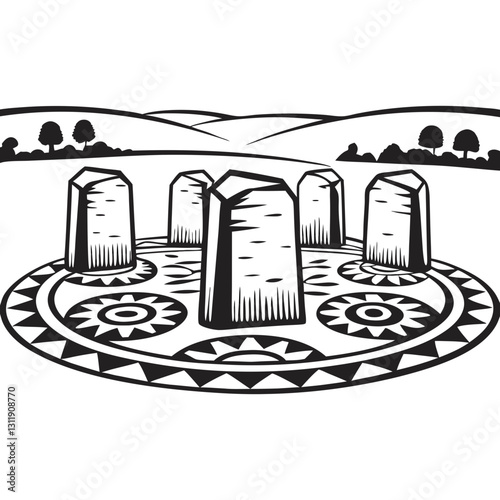 t-short print Senegambian Stone Circles Illustration in Black and White