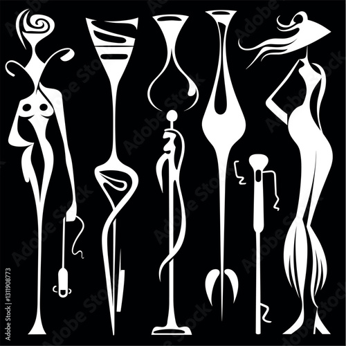 The line art of Silhouettes in the Form of Wine Tools: Shapes like corkscrews or decanters figures