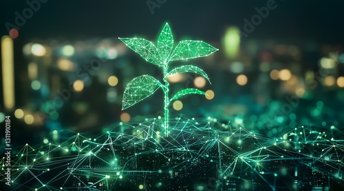 Abstract digital plant growing over a cityscape