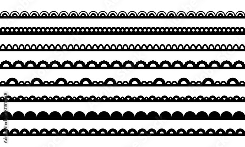 Lace scallop on fabric edge. Pattern border for frame. Ornamental line for wedding invitation design. Collection of black vector elements isolated on white background.