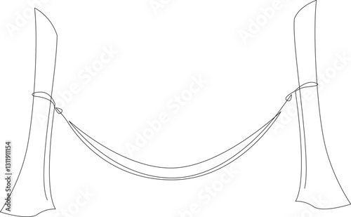 Hammock hung on trees continuous one line drawing. Relax concept minimalist style single line design. Vector illustration, editable stroke.