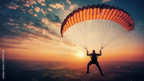 Paraglider soaring above breathtaking sunset landscape showcasing vibrant colors and serene sky