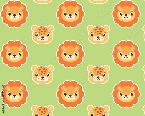 Cute lion and leopard. Seamless African pattern. Vector illustration