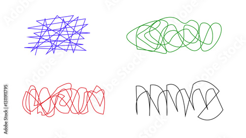 Vector Dynamic arrangement of chaotic red blue green black color lines, intersecting and overlapping. Erratic patterns evoke feelings of energy, movement, and creativity. Psychological test. Unhappy 