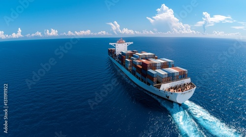 Container ship navigating the open ocean industrial transport scene aerial view maritime environment global trade concept photo