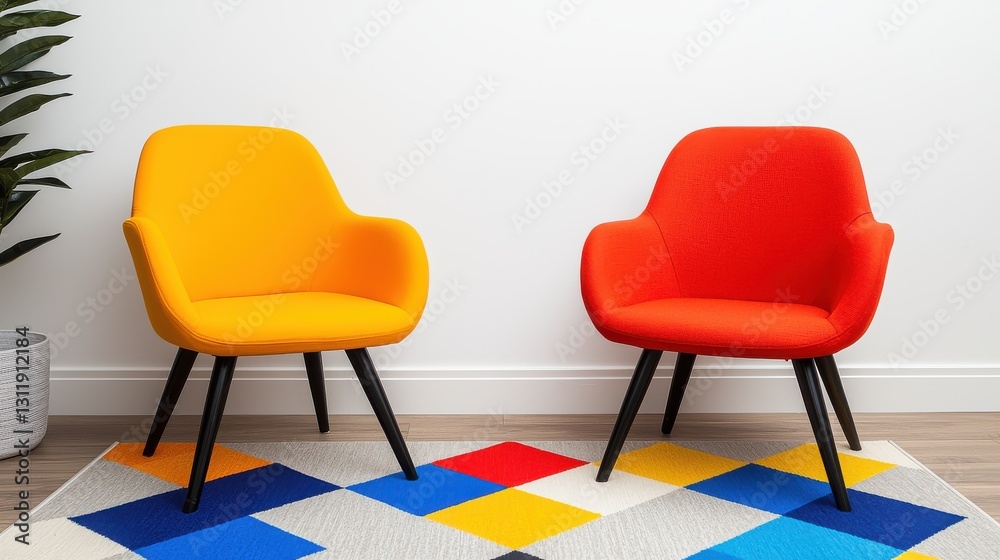 Obraz premium Modern Yellow & Red Armchairs on Geometric Rug