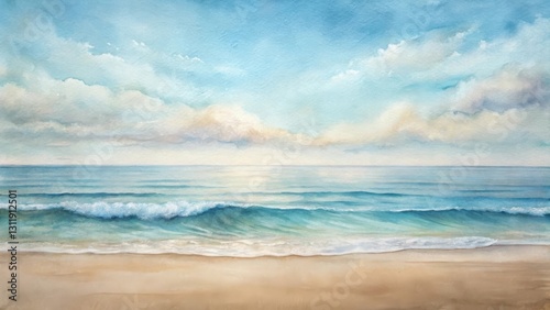 Serene Seascape  A Watercolor Painting of Gentle Ocean Waves Rolling onto a Sandy Shore Under a Tranquil Sky