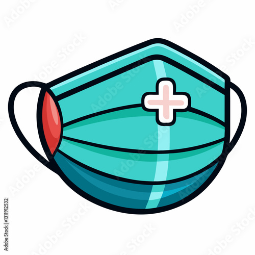 Medical mask icon in teal color with red and white details
