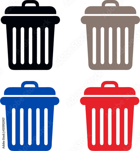 Minimalist Waste Bin Icon Set in Multiple Colors for Trash Management and Safety Signage