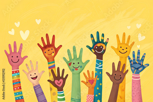 A Lot of painted hands raised up. Illustration of group of multiracial funny children funny kids hands up on the yellow background. Copy space.
