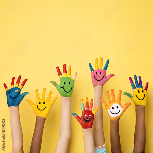 A Lot of painted hands raised up. Illustration of group of multiracial funny children funny kids hands up on the yellow background. Copy space.