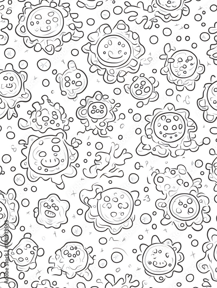 Doodle Microbe Mashup Seamless Pattern for Kids, Line Art style
