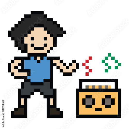 Cute cartoon pixel character cute man exercises training aerobic dance lifestyle music decoration life style 8 bit male boy dance with music game 8bit fitness isolated PNG vector.
