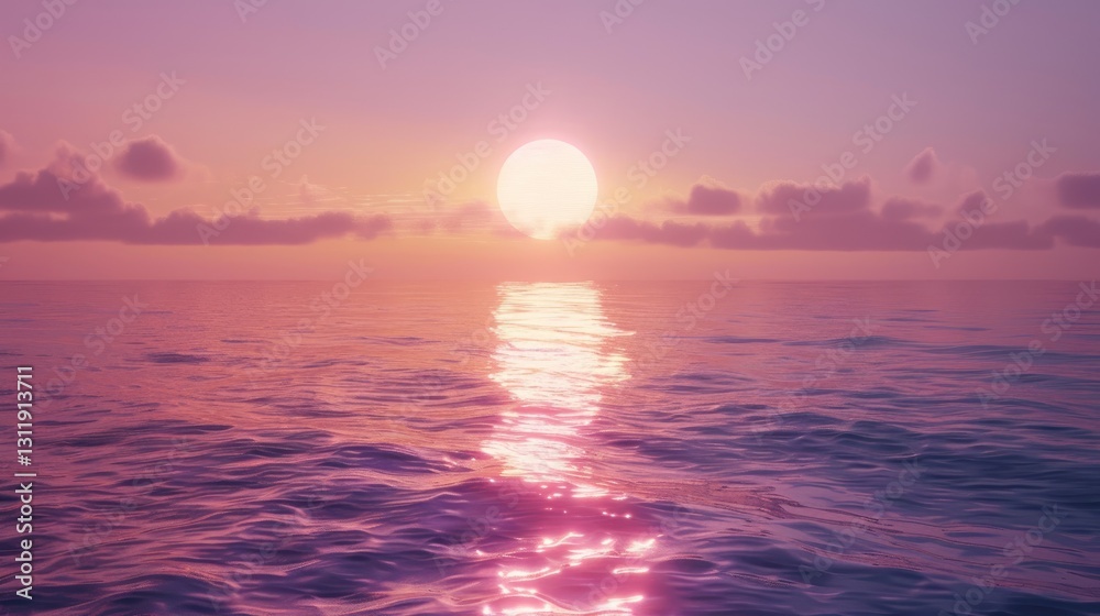 Serene pink sunset seascape with tranquil waves and soft cloud formations Serene pink sunset seascape with tranquil waves and soft cloud formations