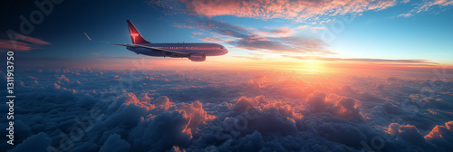 Wide angle shot of a passenger plane flying above the clouds and a  sky, shot in high resolution,cloud,dusk,sunbeam, horizon.