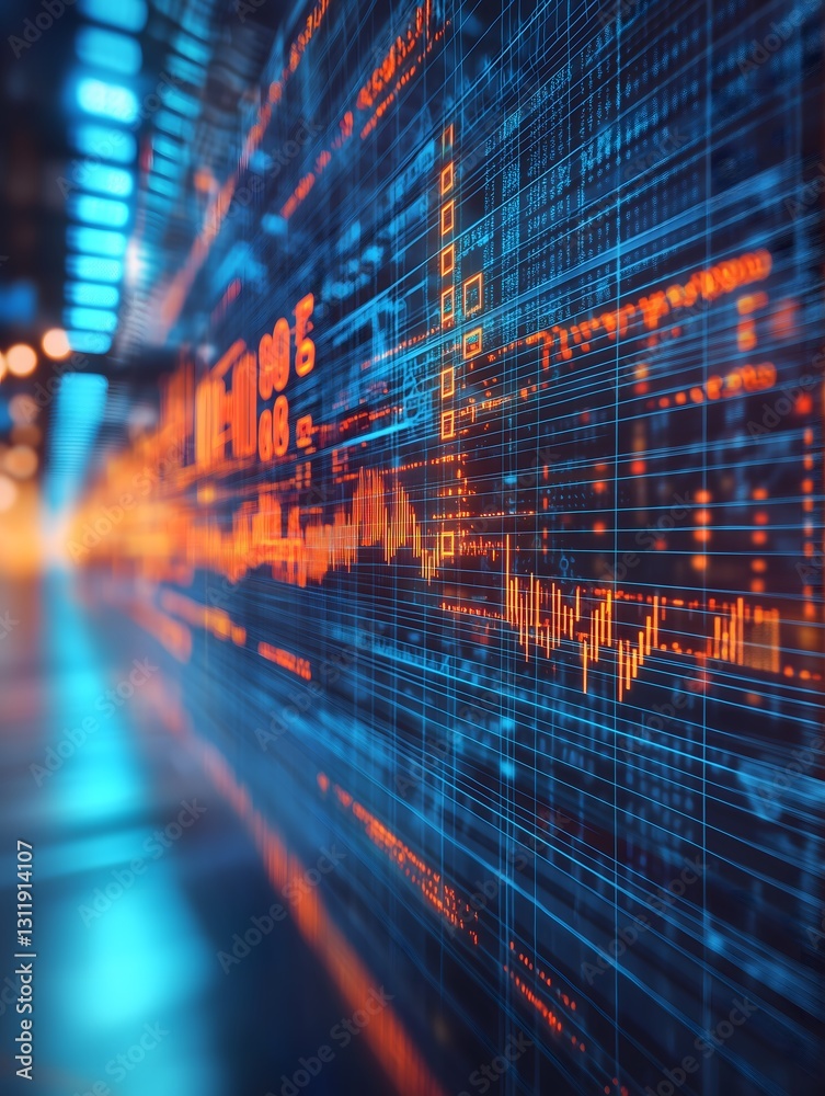 Obraz premium Abstract blue and orange digital display with data and graphs