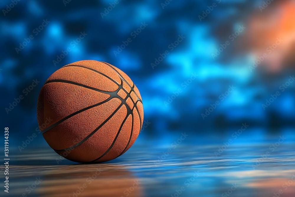 Obraz premium A close-up view of a basketball on a polished wooden court with a blurred blue background