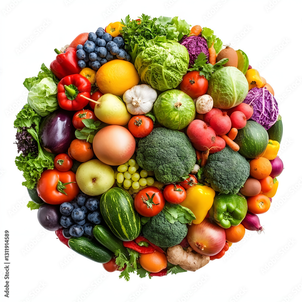 Plate of fresh vegetables and fruits, healthy eating, isolated white background, health day, World Vegan Day, 3D illustration Plate of fresh vegetables and fruits, healthy eating, isolated white background, health day, World Vegan Day, 3D illustration
