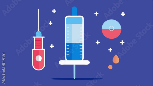 Therapy Tools A vector design featuring a syringe filled with exosomes alongside an LED device both labeled to represent their roles in skin rejuvenation.