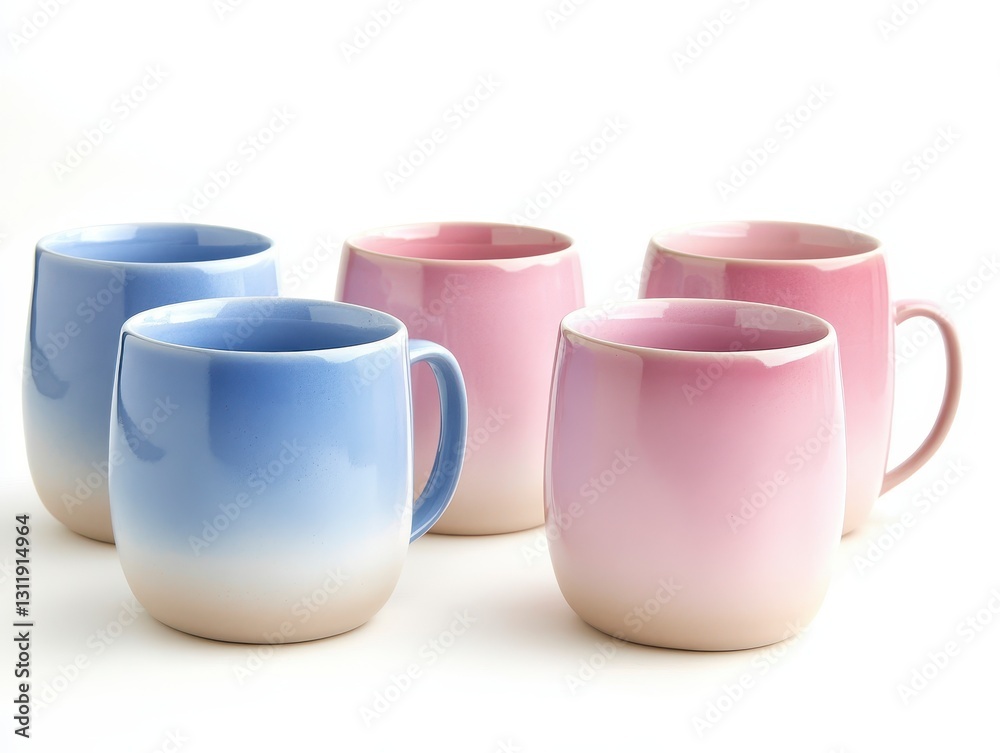 Colorful Ceramic Mugs in Soft Pastel Shades on White Background Colorful Ceramic Mugs in Soft Pastel Shades on White Background