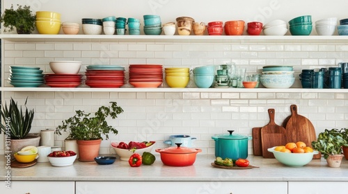 Wallpaper Mural Colorful Cookware and Dishes on Shelves in Bright Kitchen Torontodigital.ca