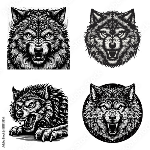 wolf angry engraving illustration template