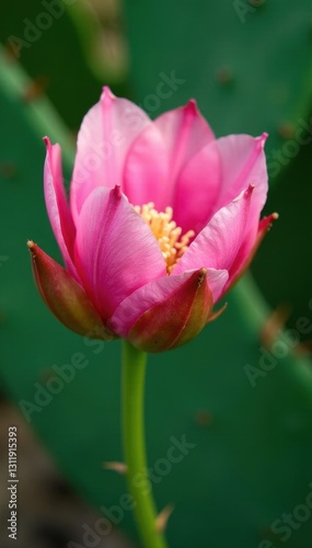 Delicate pink prickly pear flower against green pad, texture, background