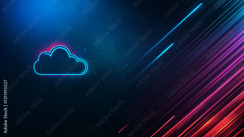 Obraz premium Futuristic neon cloud computing concept with glowing digital elements for technology, data storage, and cybersecurity visuals. Minimal backdrop
