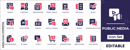 Flat mass media, social networks, journalism, and communication icon set featuring public relations, online media, broadcasting, news reporting, networking, and digital interaction concepts.