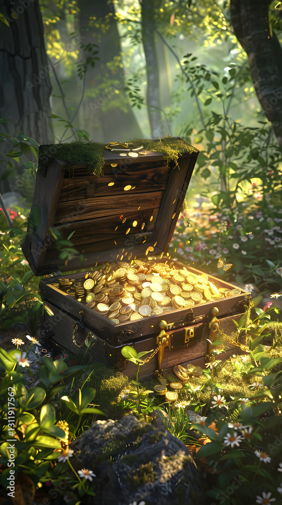 Sunlit Forest Clearing with Overflowing Treasure Chest Amidst Lush Greenery and Vibrant Flowers Sunlit Forest Clearing with Overflowing Treasure Chest Amidst Lush Greenery and Vibrant Flowers