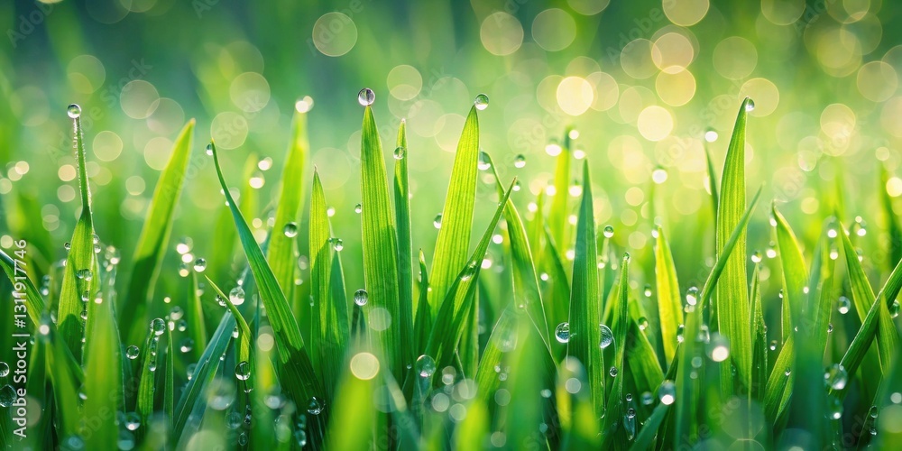 Fototapeta premium Vibrant Green Blades of Grass Adorned with Sparkling Morning Dew Drops, a Close-Up View of Nature's Beauty at Dawn